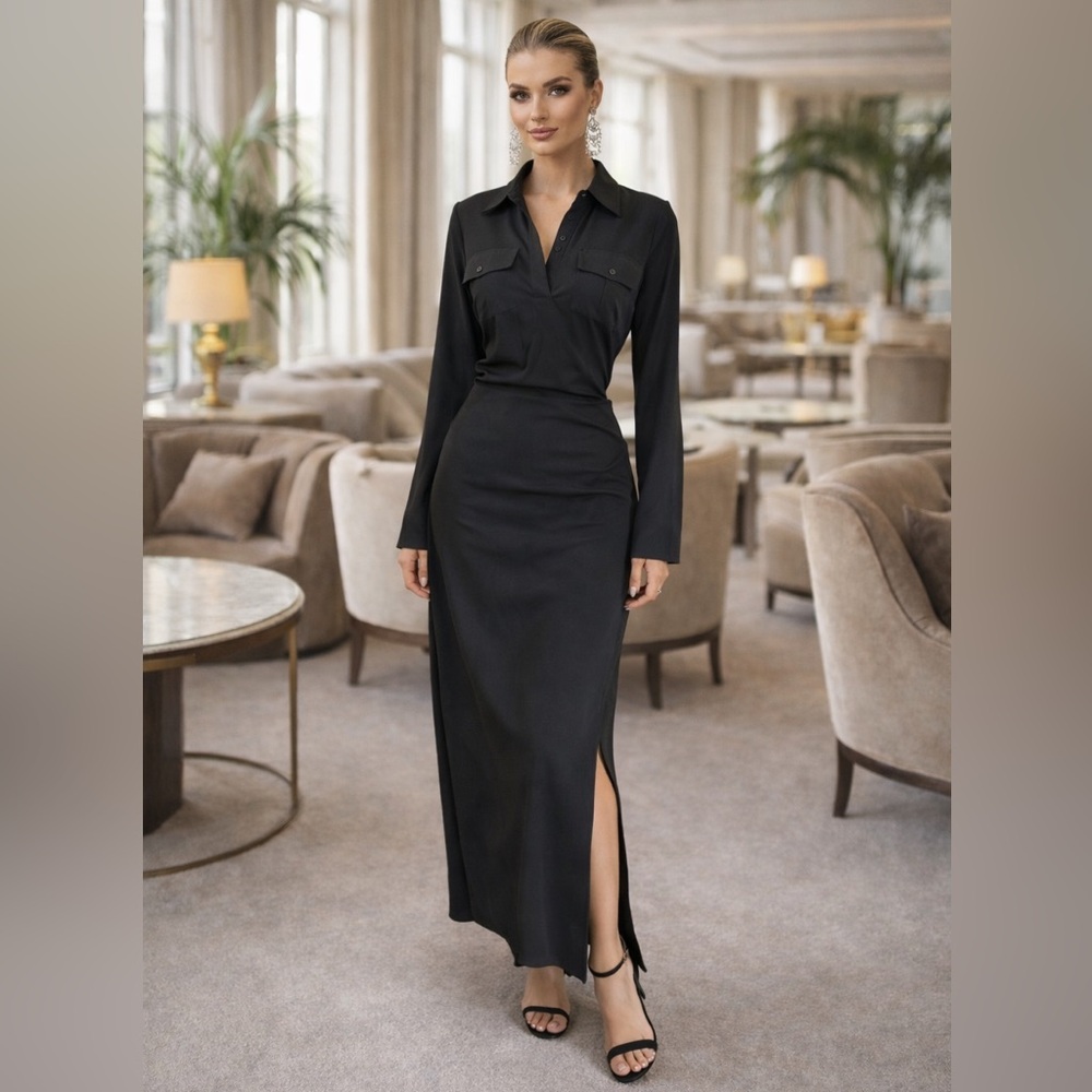 INC International NWOT Ruched Maxi Dress Black Size L (fits M-L)